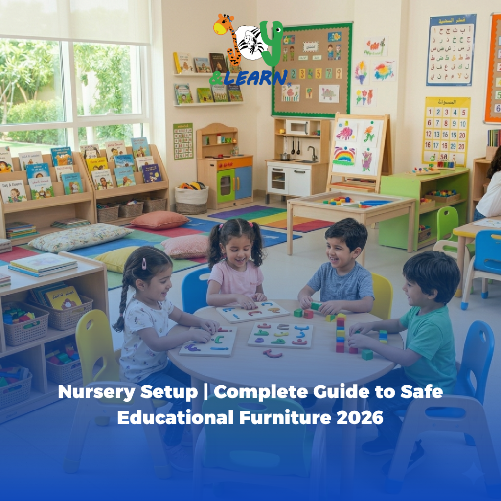 Nursery setup using nursery furniture and educational nursery supplies